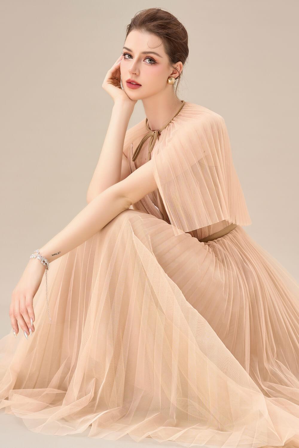 Gallin Pleated V-Neck Tulle Ankle Length Dress - MEAN BLVD