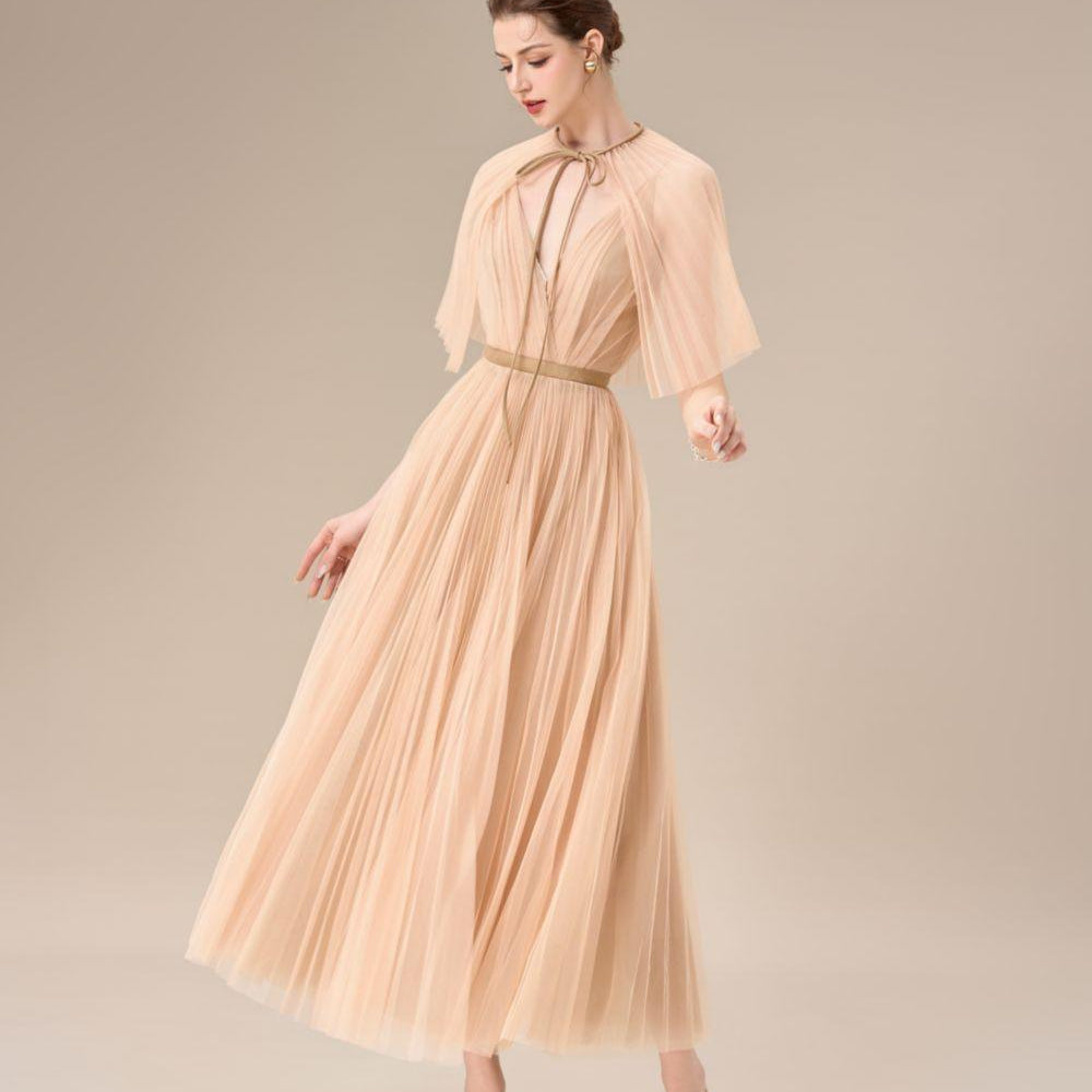 Gallin Pleated V-Neck Tulle Ankle Length Dress - MEAN BLVD