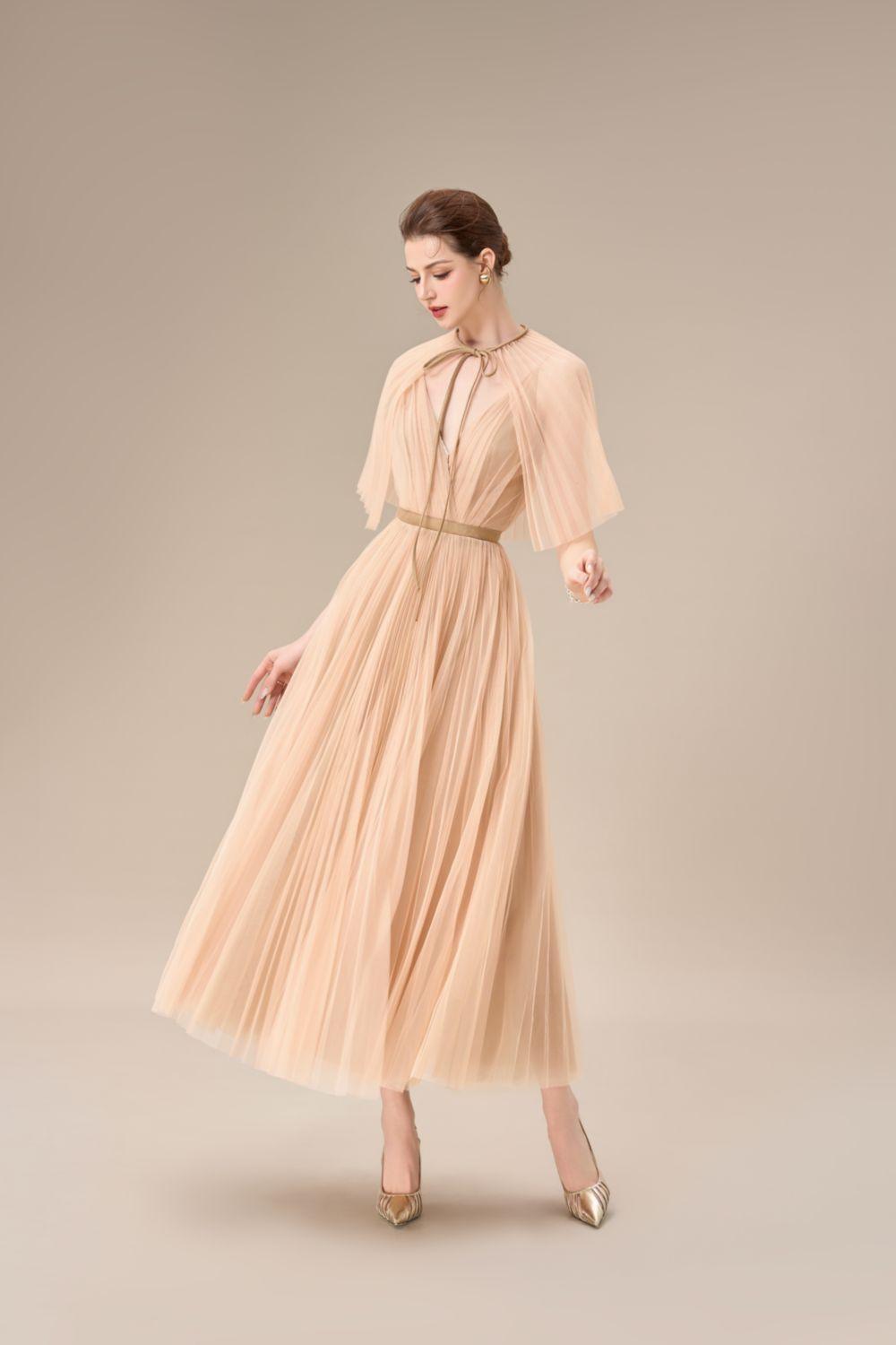 Gallin Pleated V-Neck Tulle Ankle Length Dress - MEAN BLVD