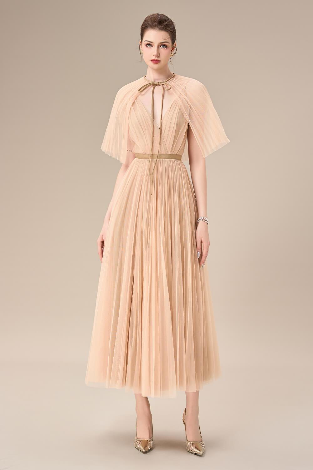Gallin Pleated V-Neck Tulle Ankle Length Dress - MEAN BLVD