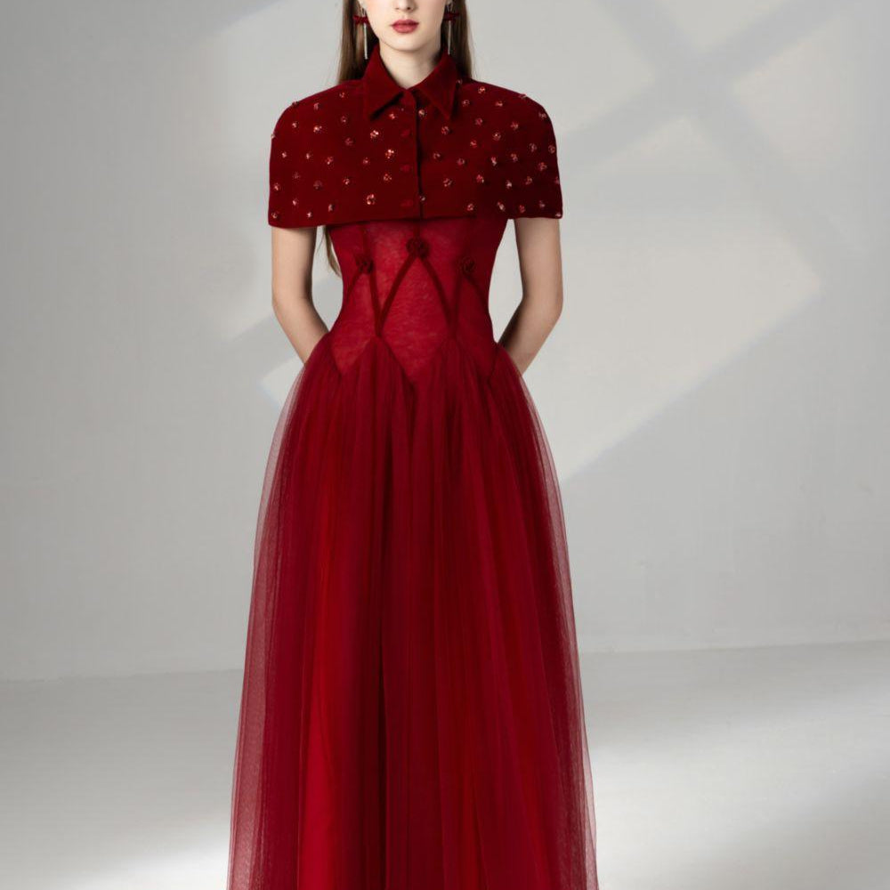 Gemini Drop Waist Cape Shoulder Mesh Maxi Set - MEAN BLVD