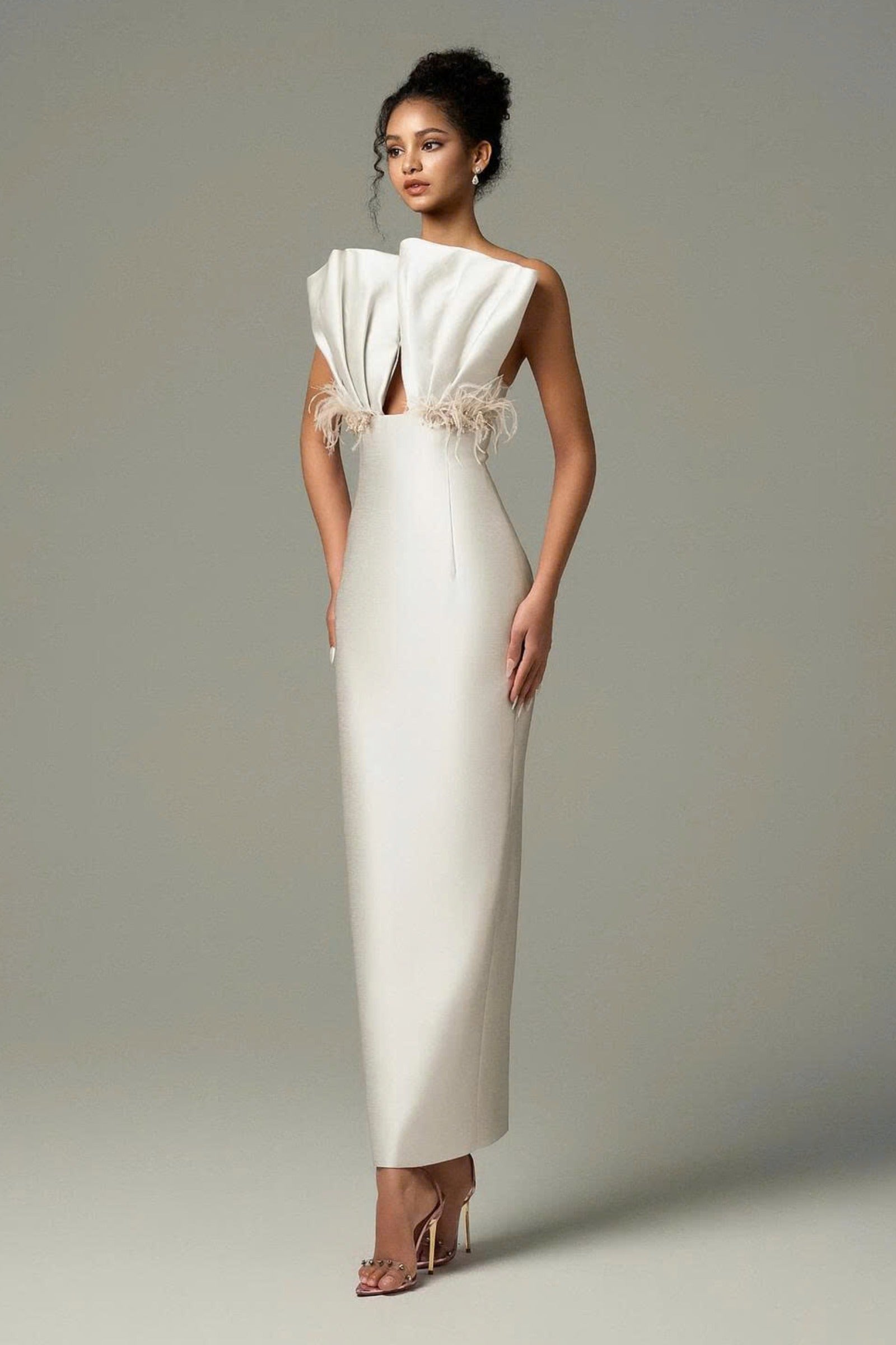 Seeshell Plume Feather & Crystal Embellished Maxi Dress With Draped Bust Cup