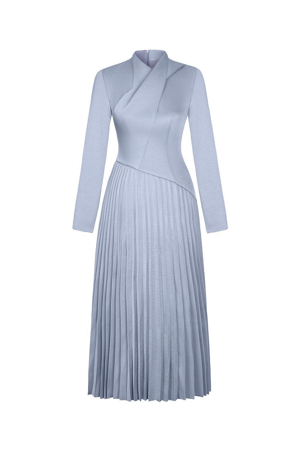 genesis midi dress Women's Genesis A-line Pleated Taffeta Silk Midi Dress S/M/L/XL White/Beige/Baby Blue MEAN BLVD Baby Blue / M
