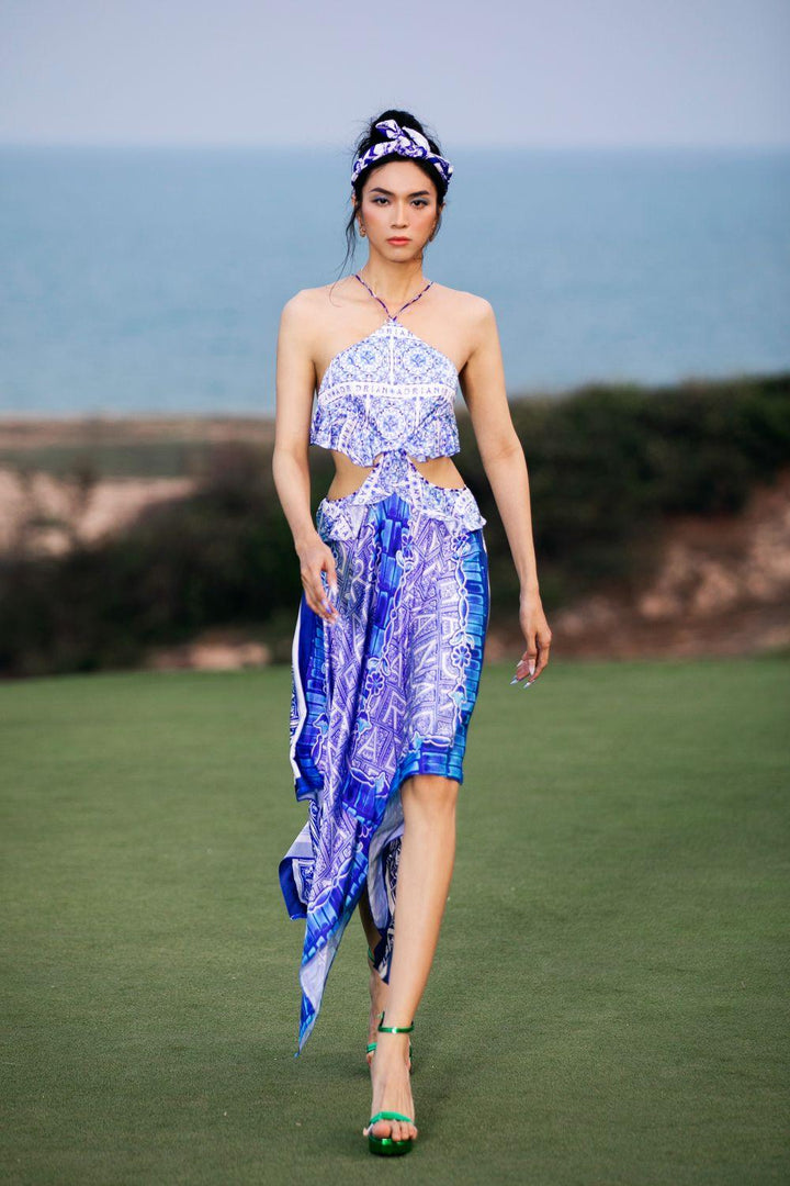 Genevieve Halter Cut-Out Latin Silk Midi Dress - MEAN BLVD
