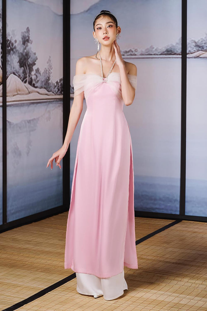 Giai Ky A-line Halter Neck Silk Satin Ankle Length Ao Dai - MEAN BLVD