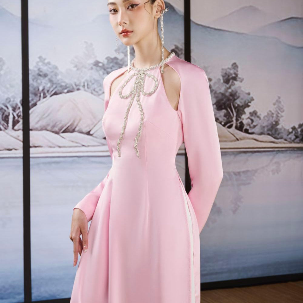 Giai Ky A-line Round Neck Silk Satin Ankle Length Ao Dai - MEAN BLVD