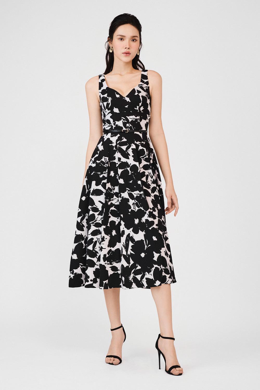 pleated loose dress Women's Giavanna Pleated Loose Strap Poly Silk Calf Length Dress XS/S/M/L/Customize Black Floral MEAN BLVD Customize / Black / Floral