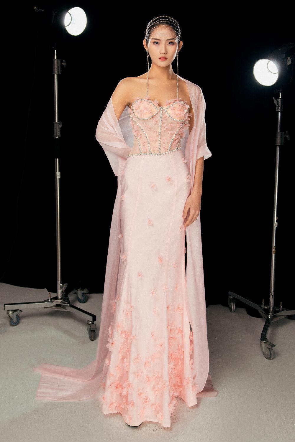 organza mermaid dress Women's Olson Mermaid Cape Shoulder Organza Floor Length Dress XS/S/M/L/XL Pink MEAN BLVD Pink / XS