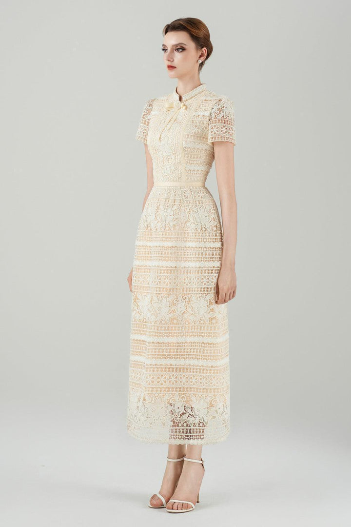 Giovanna Sheath Mandarin Neck Lace Midi Dress - MEAN BLVD