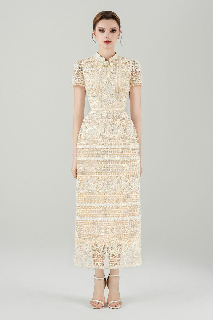 Giovanna Sheath Mandarin Neck Lace Midi Dress - MEAN BLVD