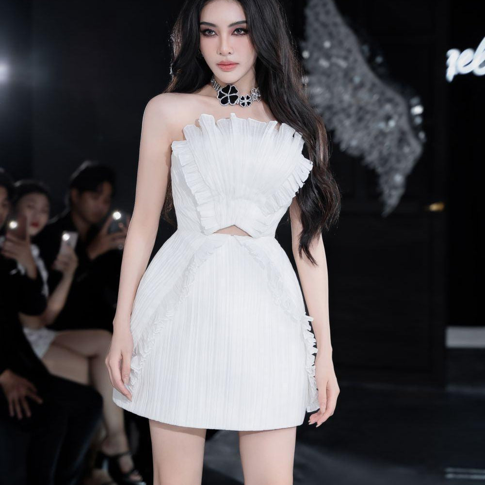 polyester mini dress Sample Floral Deep V Flounce Sleeve Mini Dress