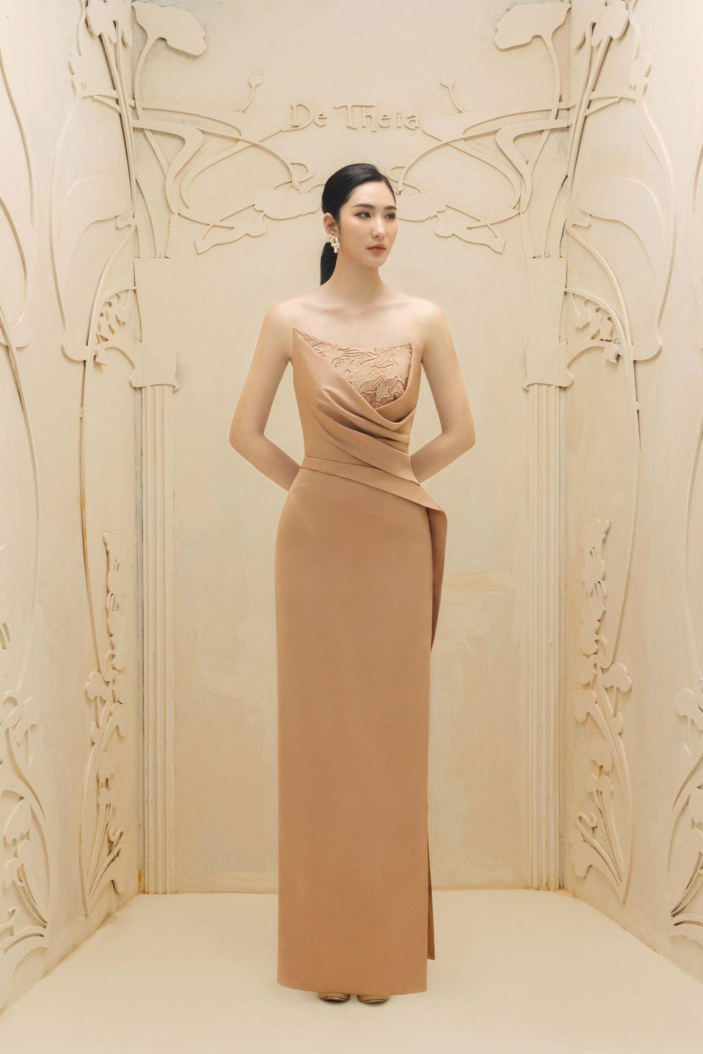 Women's Gisèle Strapless Slit Hem Polyester Silk Floor Length Dress  S/M/L/XL Brown Beige MEAN BLVD