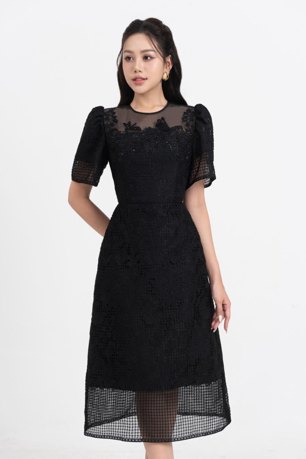 Gladys A-line Round Neck Lace Midi Dress - MEAN BLVD