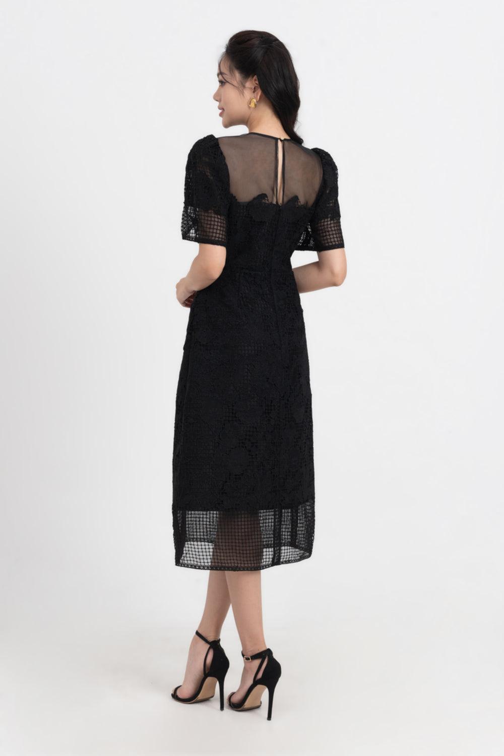 Gladys A-line Round Neck Lace Midi Dress - MEAN BLVD