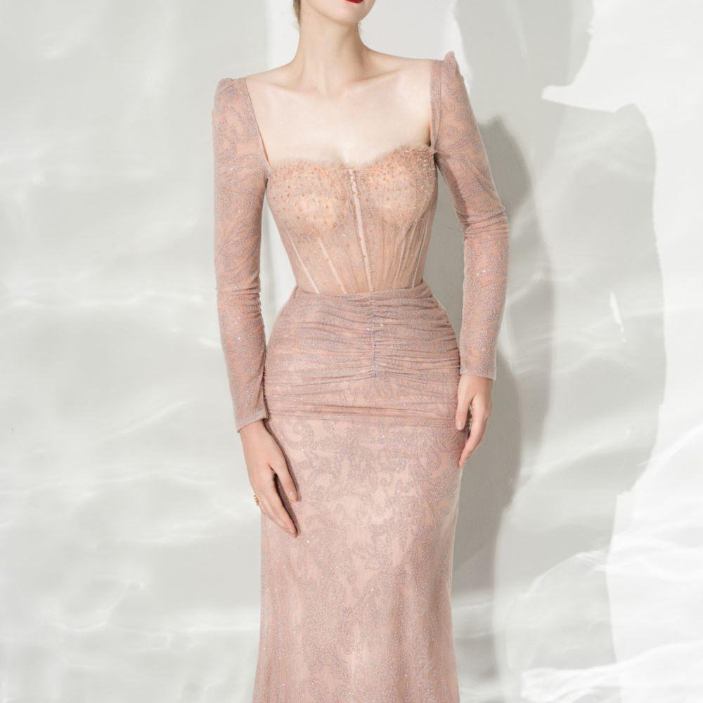 Glamour Trumpet Semi-Heart Neck Tulle Midi Dress - MEAN BLVD