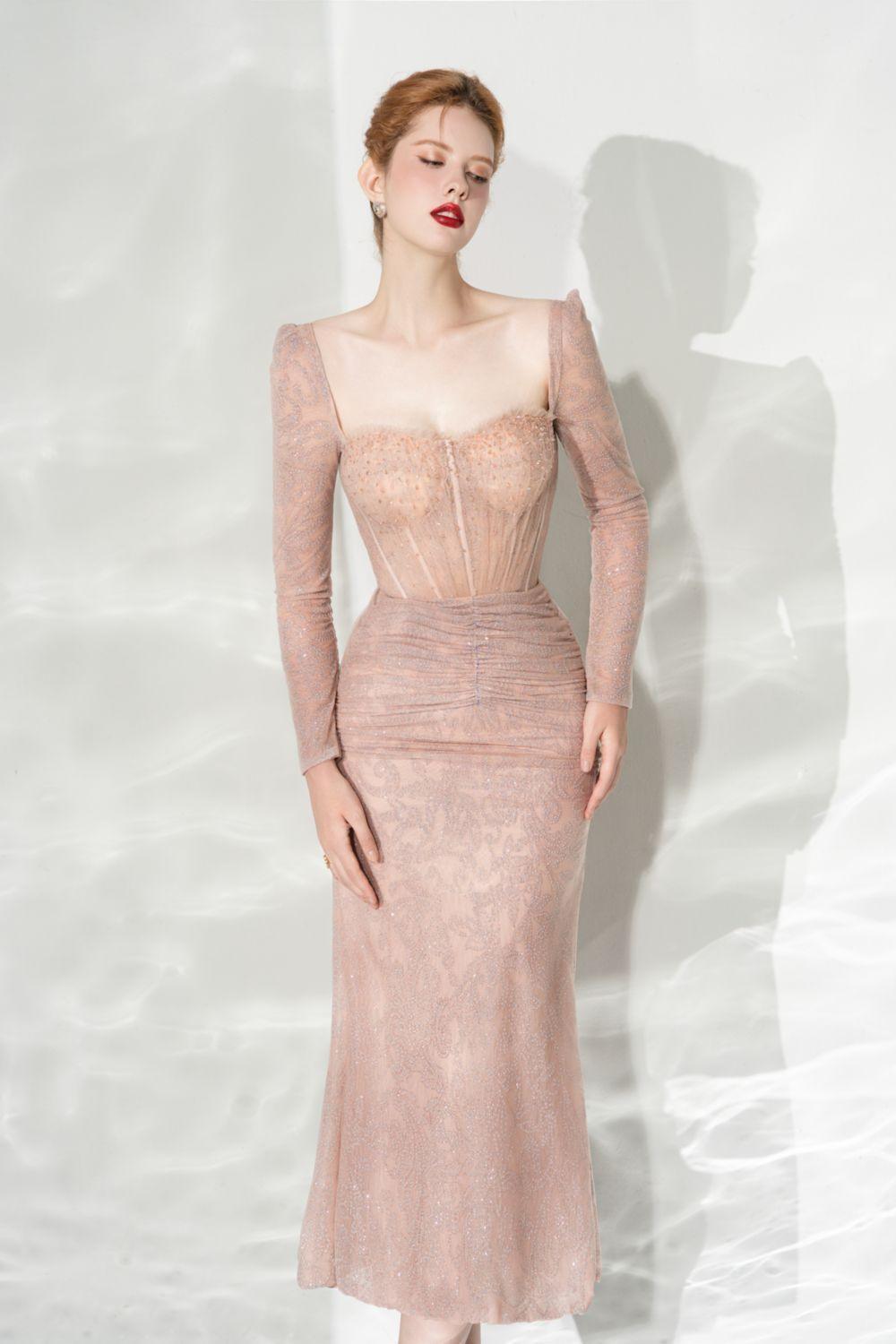 Glamour Trumpet Semi-Heart Neck Tulle Midi Dress - MEAN BLVD