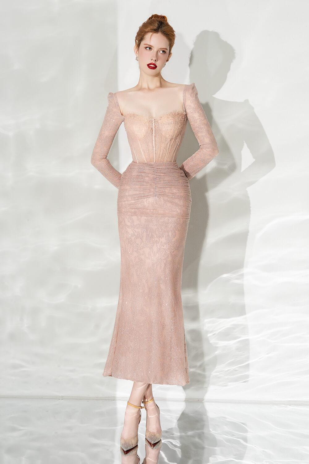 Glamour Trumpet Semi-Heart Neck Tulle Midi Dress - MEAN BLVD