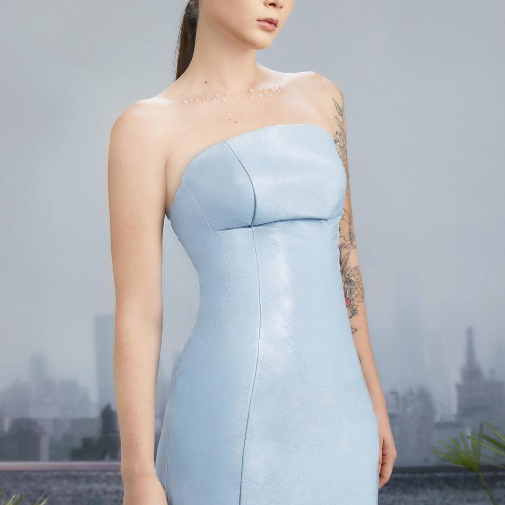 Glossies Bodycon Straight Across Neck Pu Leather Mini Dress - MEAN BLVD
