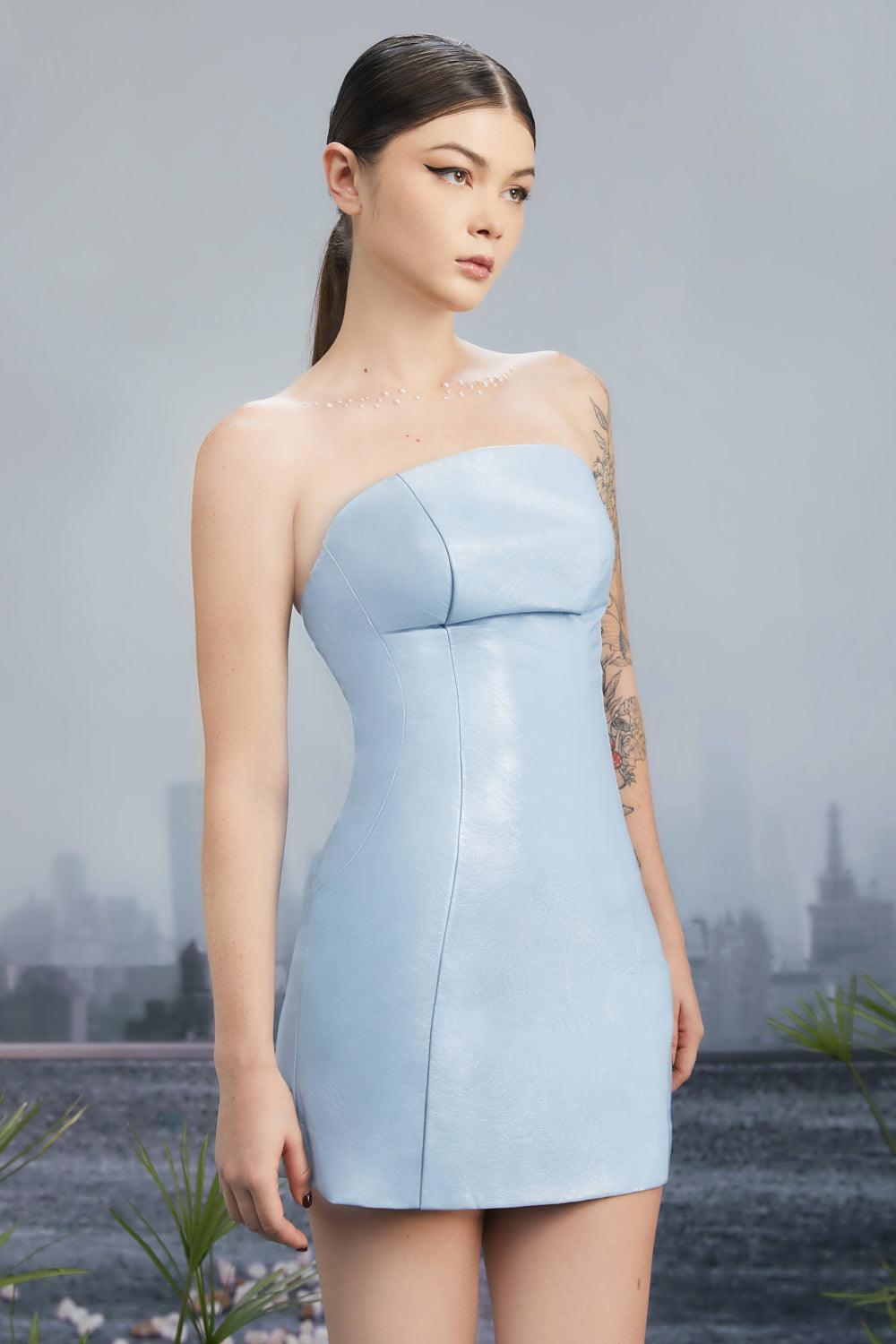 Glossies Bodycon Straight Across Neck Pu Leather Mini Dress - MEAN BLVD