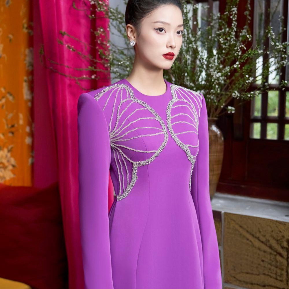 Glowing A-line Stone Velvet Satin Floor Length Ao Dai - MEAN BLVD