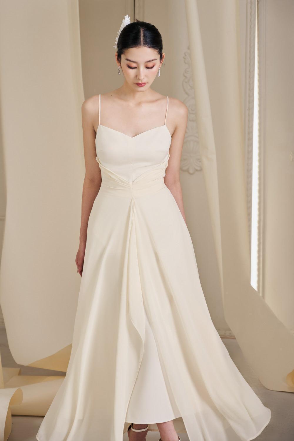Women's Goldie Asymmetric Semi-Heart Neck Chiffon Floor Length Dress S/M/L Cream Beige Mean Blvd Cream Beige / Customize Women's Goldie Asymmetric Semi-Heart Neck Chiffon Floor Length Dress S/M/L Cream Beige Mean Blvd Cream Beige / Customize