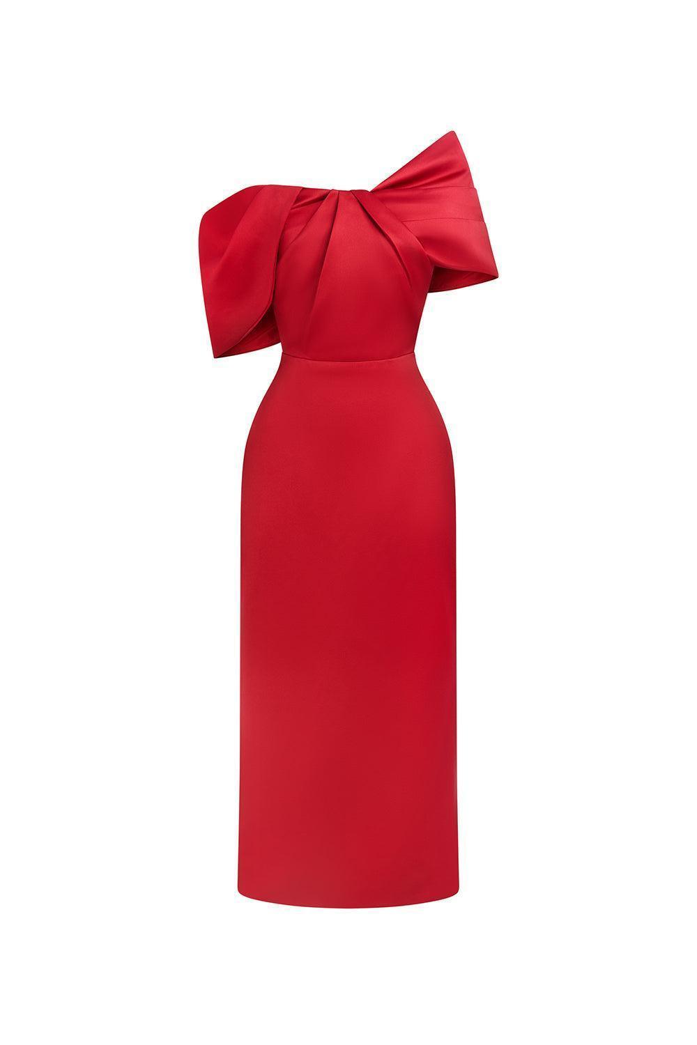 red off the shoulder dress midi Women's Grace Sheath Off-Shoulder Taffeta Midi Dress S/M/L Nude/Red MEAN BLVD Red / Customize