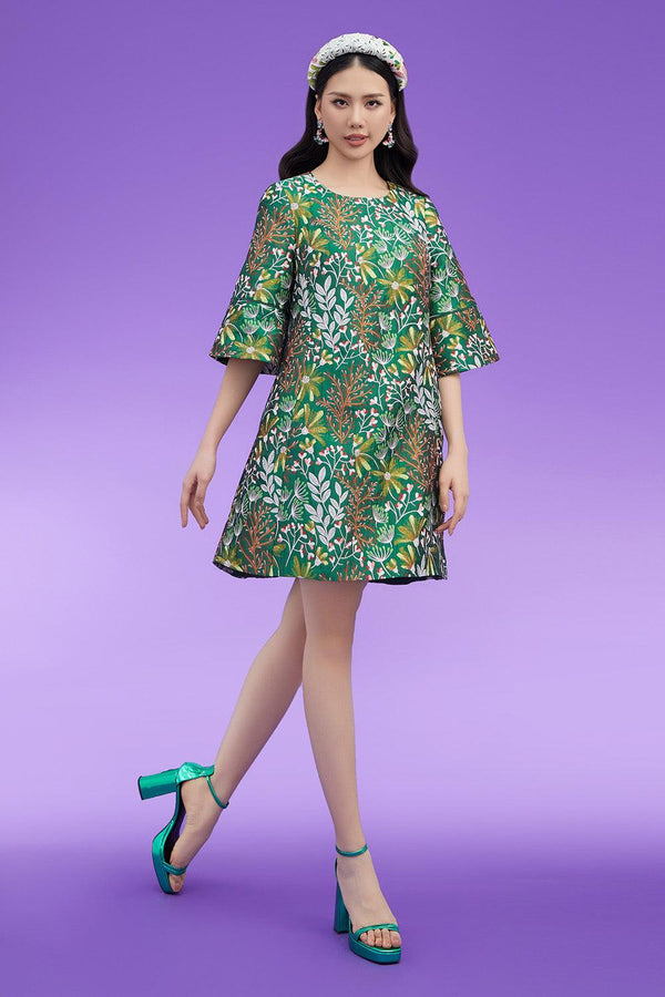 Guerra Trapezoid Flare Sleeved Brocade Above The Knee Dress - MEAN BLVD
