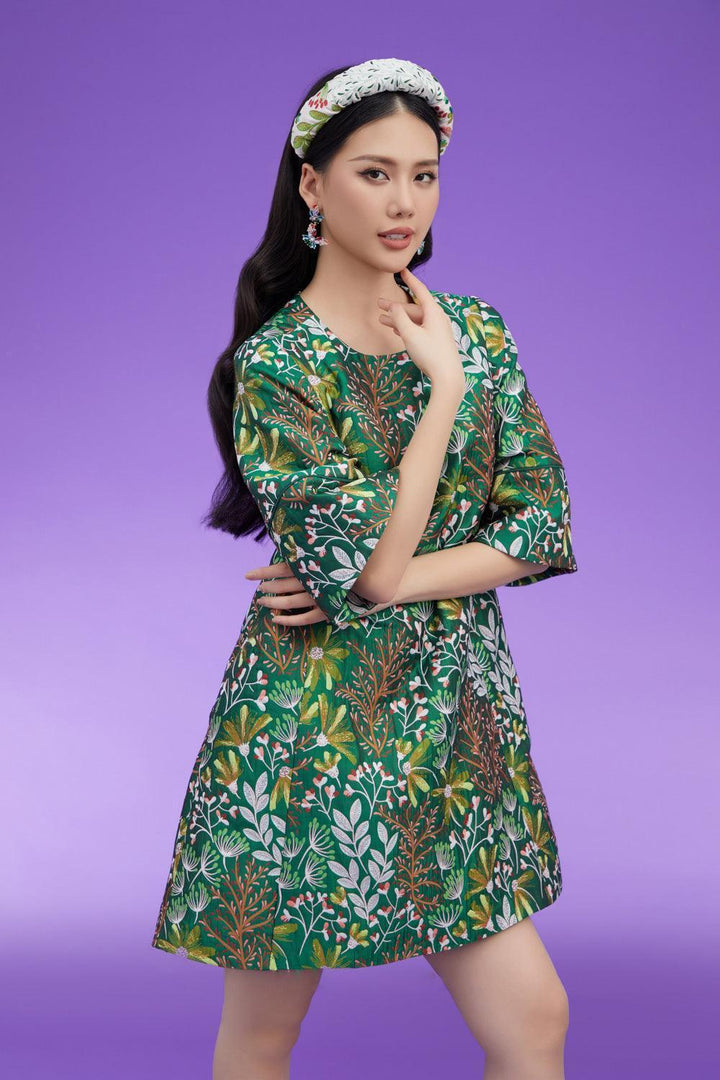 Guerra Trapezoid Flare Sleeved Brocade Above The Knee Dress - MEAN BLVD