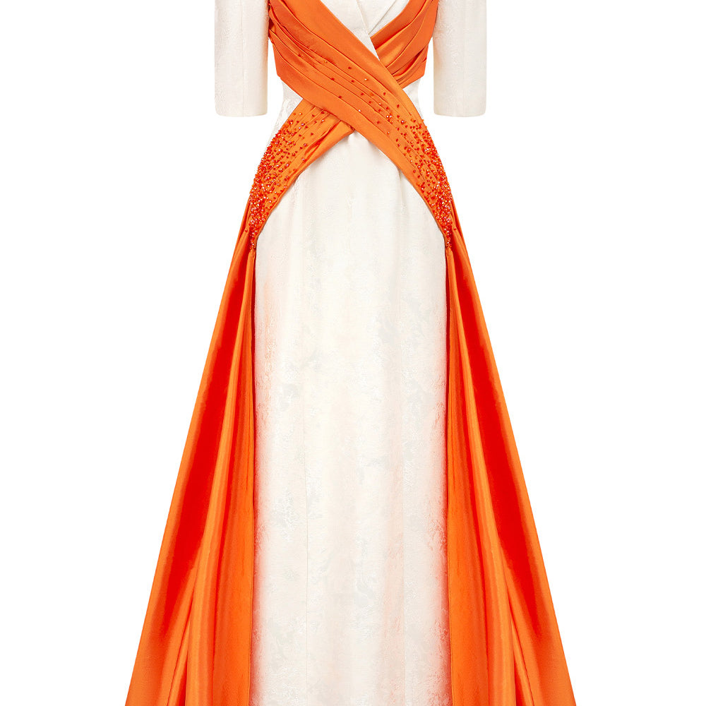 Piper Crossover Symmetric Flap Brocade Extra Long Length Dress