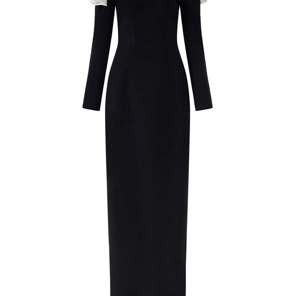 Denver Sheath Flower Applique Crepe Floor Length Dress