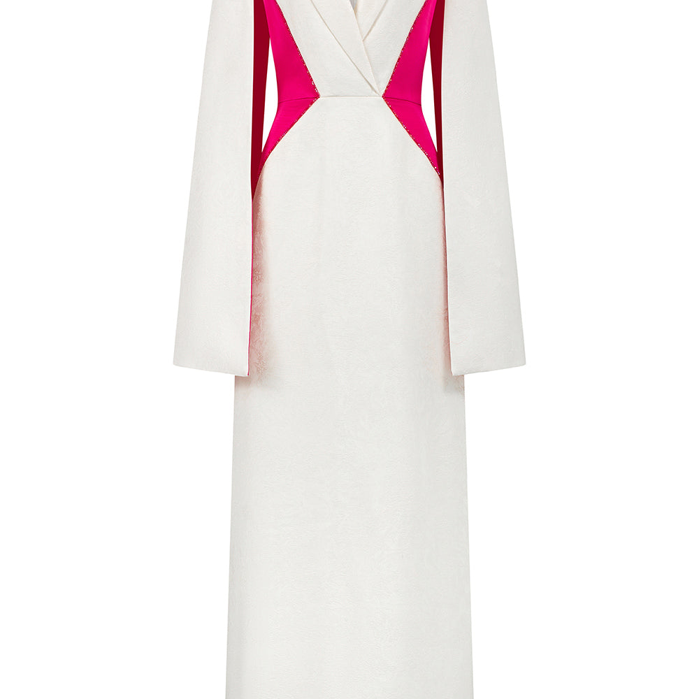 Abigail A-line Cape Sleeved Brocade Silk Floor Length Dress