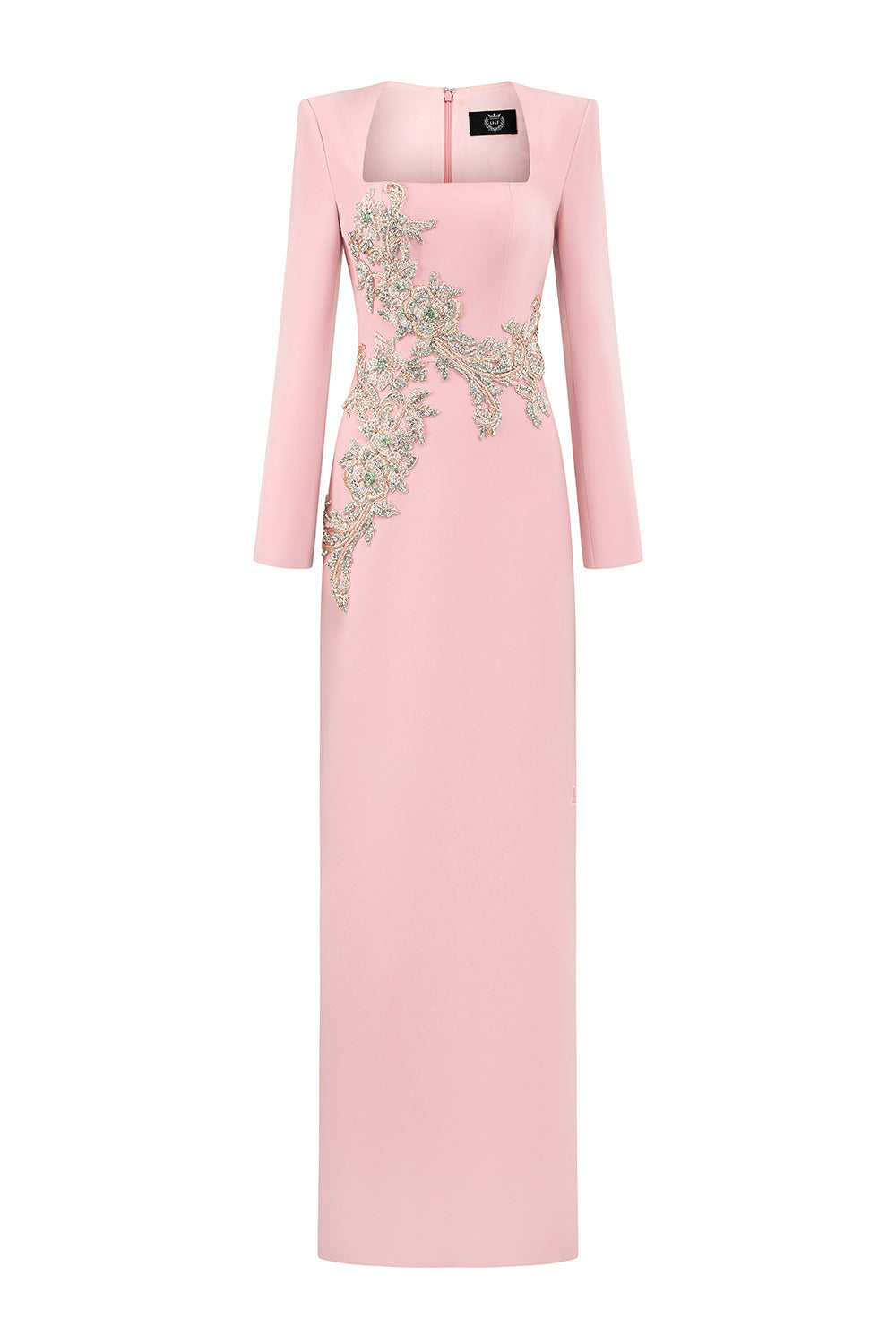 Cheyenne Sheath Queen Anne Neck Crepe Floor Length Dress