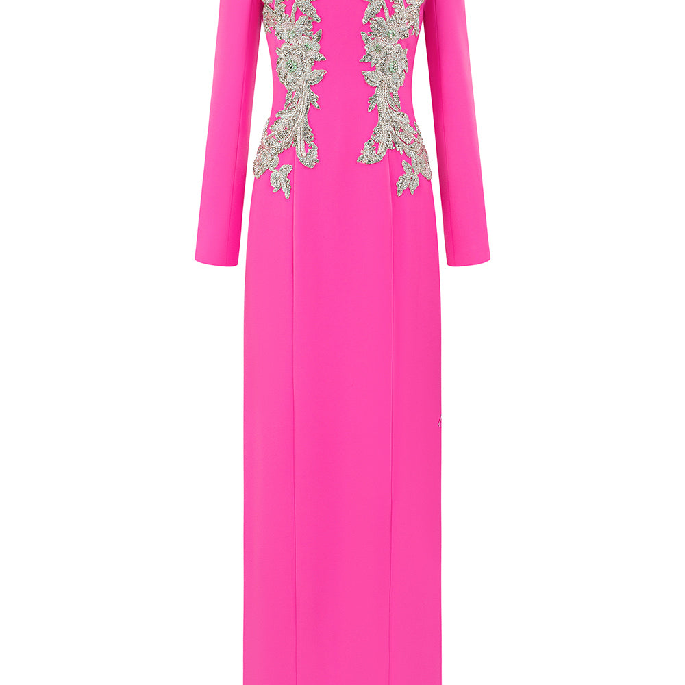 Joy Sheath Jewel Neck Crepe Floor Length Dress