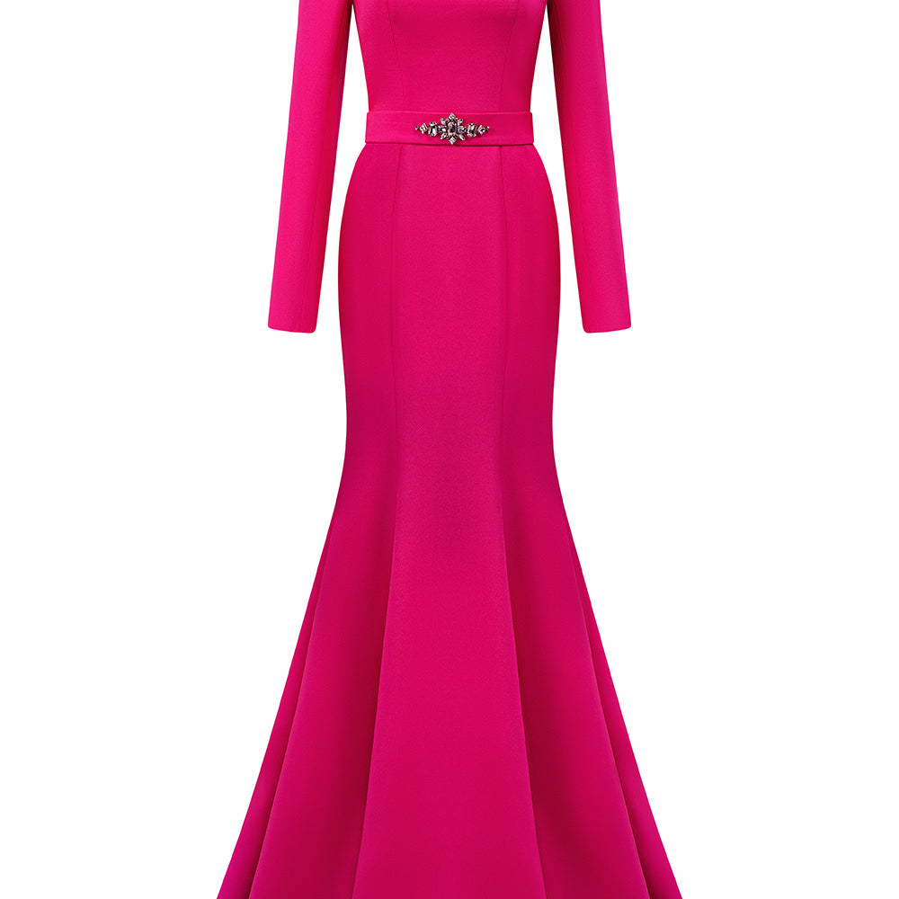 Jordan Trumpet Queen Anne Neck Silk Floor Length Dress