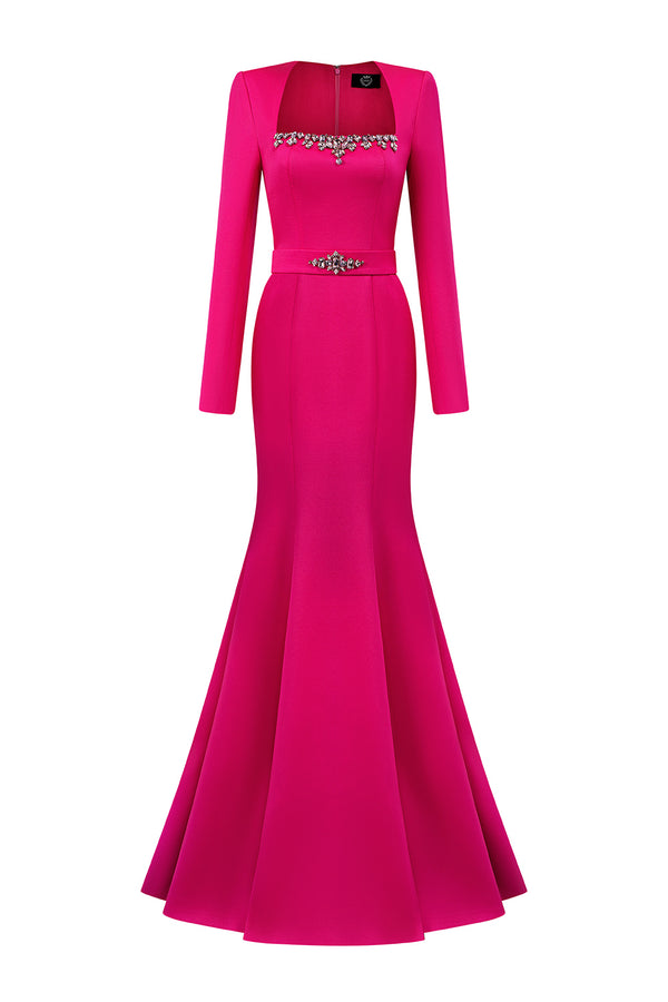 Jordan Trumpet Queen Anne Neck Silk Floor Length Dress