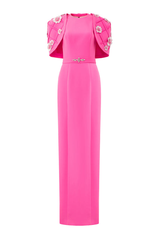 Kaydence Sheath Cape Shoulder Silk Crepe Floor Length Set