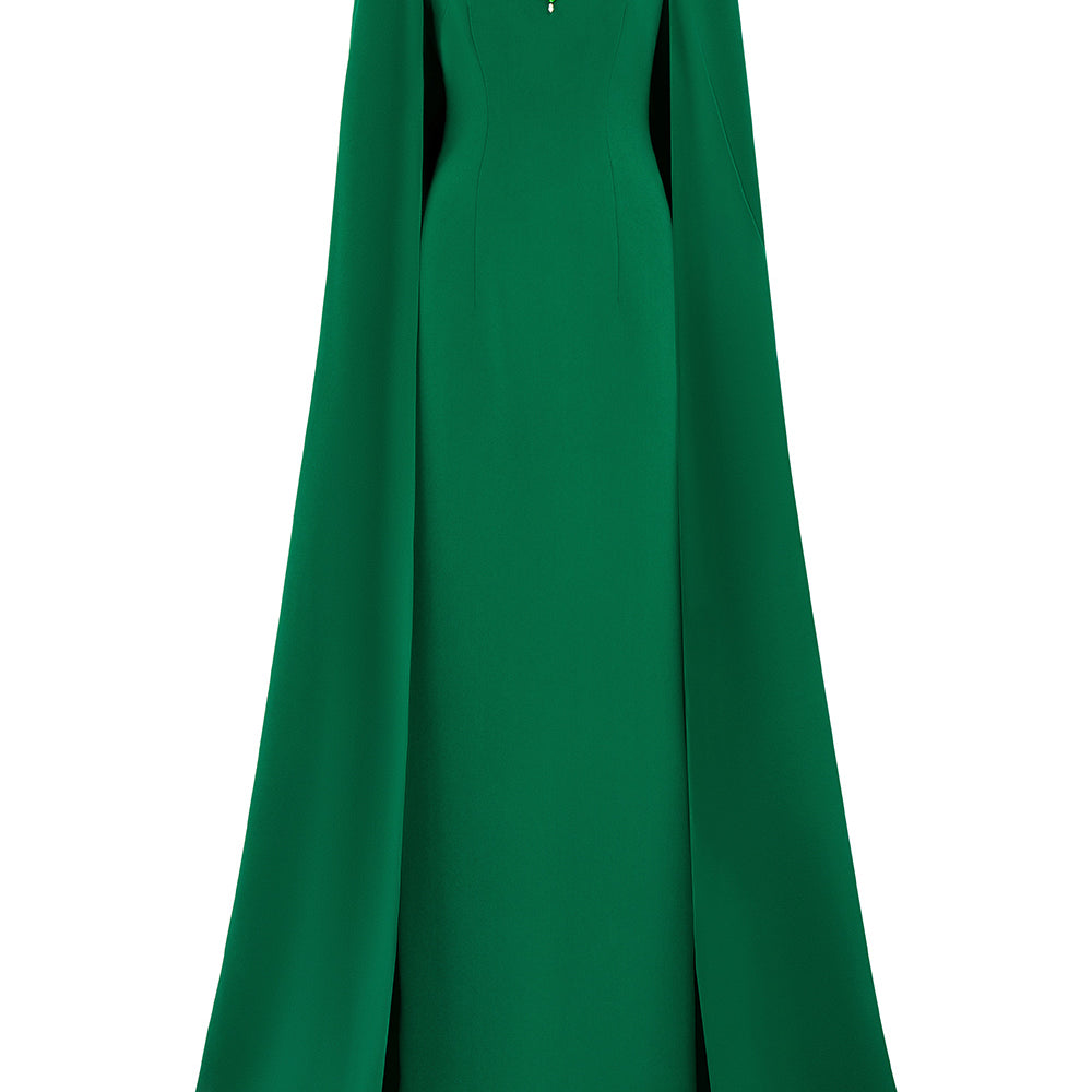 Samara Sheath Cape Sleeved Crepe Floor Length Dress