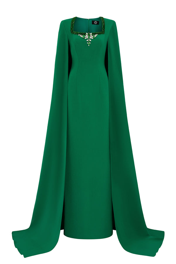 Samara Sheath Cape Sleeved Crepe Floor Length Dress