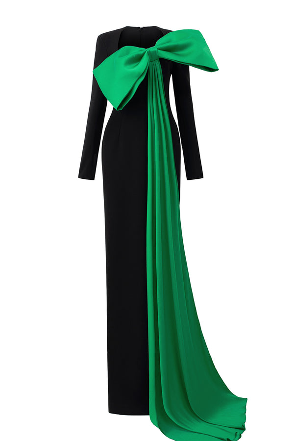 Khloe Sheath Bow Silk Crepe Floor Length Dress