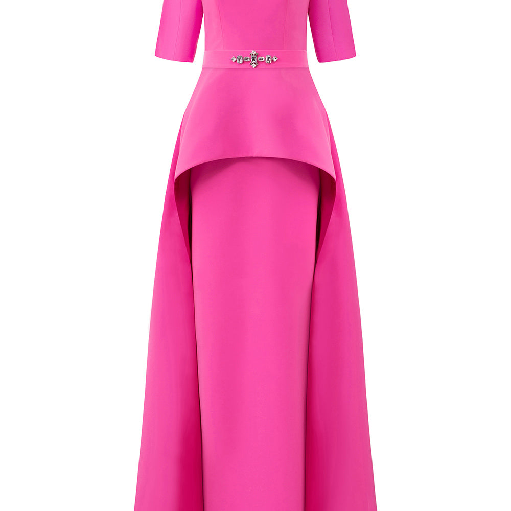 Soraya Peplum Middle Sleeved Crepe Floor Length Dress