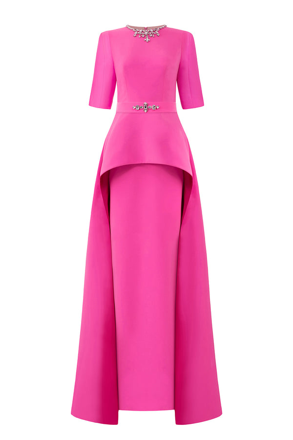 Soraya Peplum Middle Sleeved Crepe Floor Length Dress