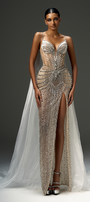 Josiah Sheath Cape Shoulder Mesh Floor Length Dress