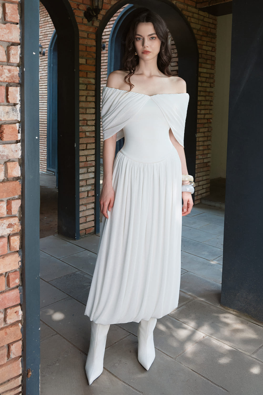 Menos Balloon Off-Shoulder Cotton Spandex Maxi Dress