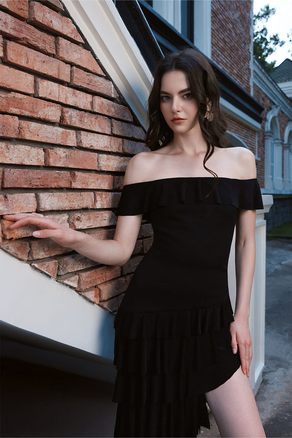 Queen Asymmetric Ruffle Layer Cotton Spandex Maxi Dress