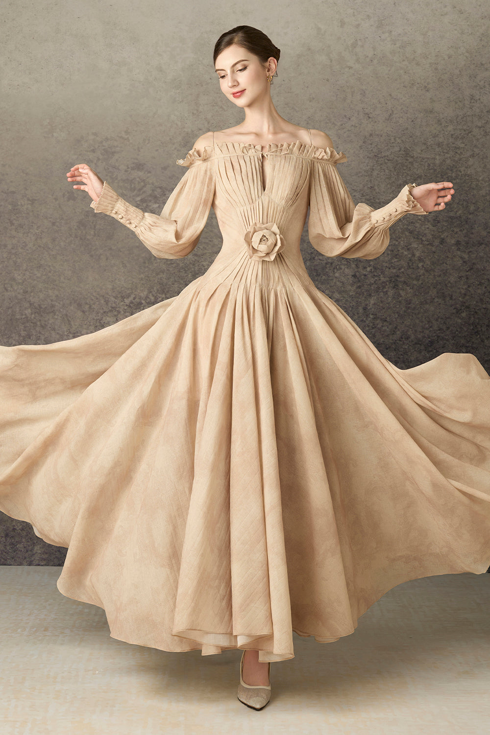 Women's Isara A-line Cold Shoulder Sleeved Silk Blend Maxi Dress S/M/L/Customize Brown Beige MEAN BLVD Women's Isara A-line Cold Shoulder Sleeved Silk Blend Maxi Dress S/M/L/Customize Brown Beige MEAN BLVD