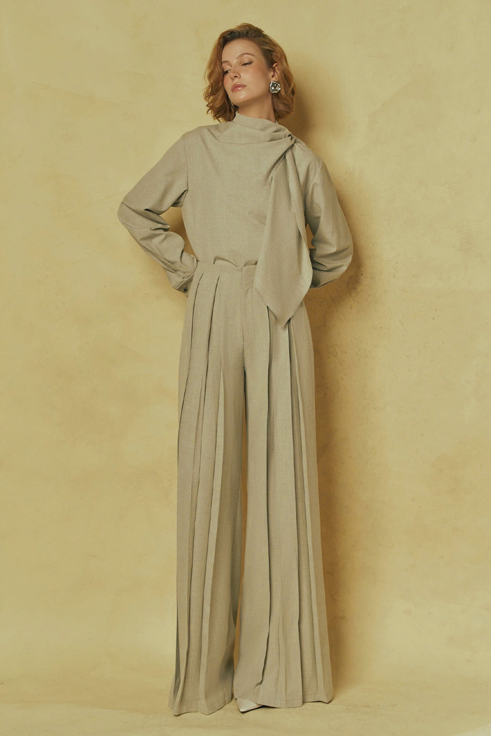 Serene Straight Pleated Cashmere Floor Length Pants