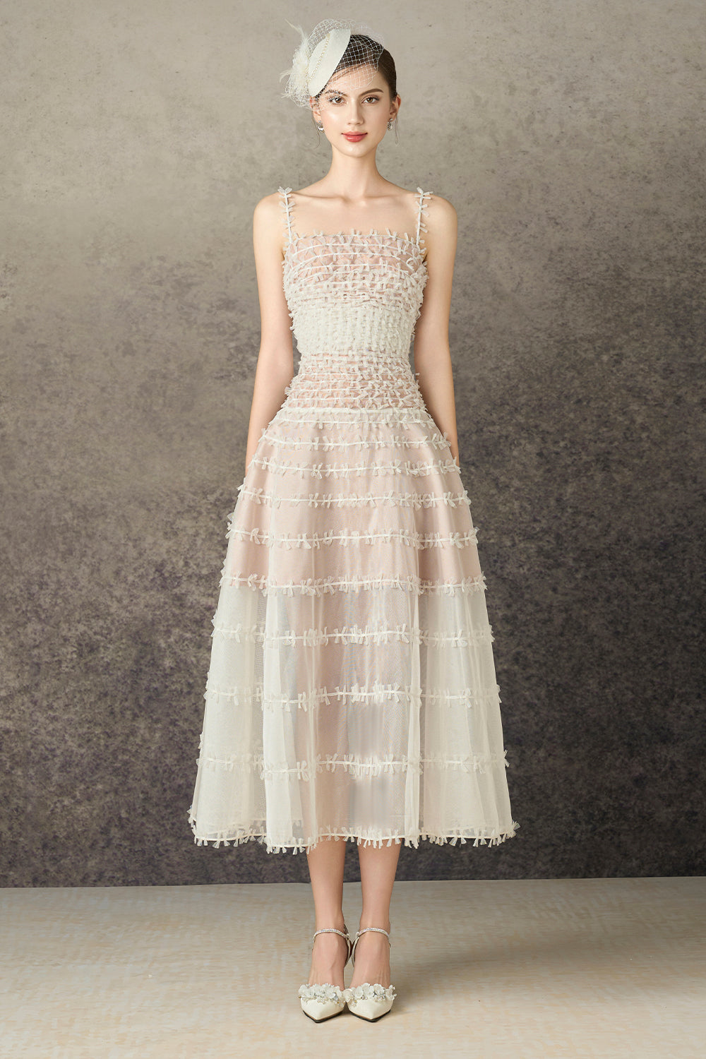 Nyelle A-line Spaghetti Strap Mesh Lace Calf Length Dress