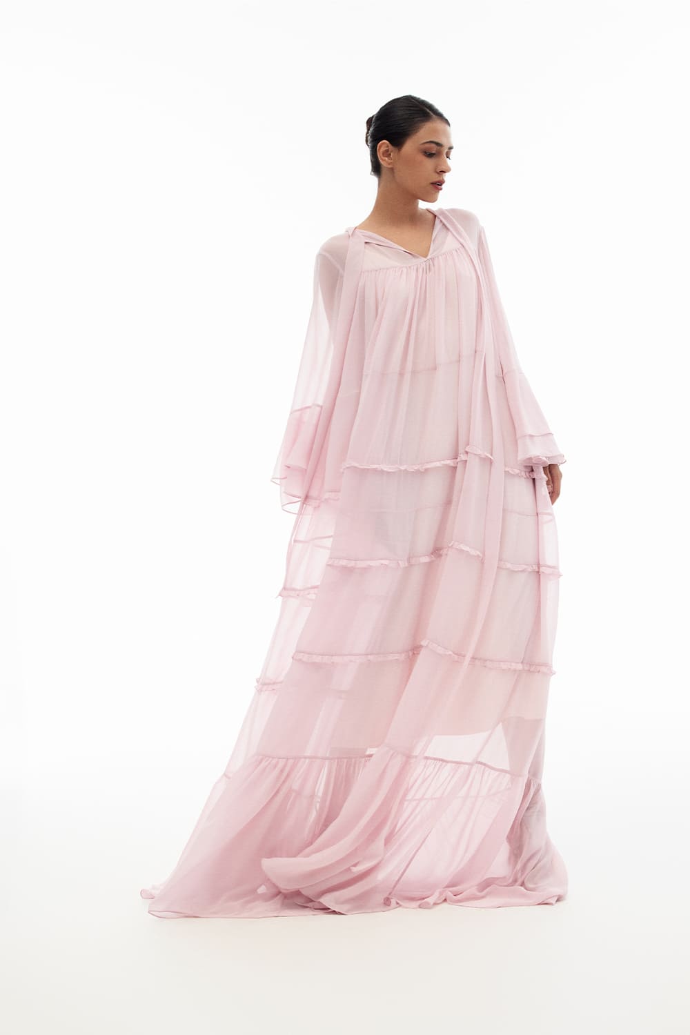 Women's Renata A-line Ruffle Trim Chiffon Maxi Dress S/M/L/XL/Customize Pale Pink MEAN BLVD Women's Renata A-line Ruffle Trim Chiffon Maxi Dress S/M/L/XL/Customize Pale Pink MEAN BLVD
