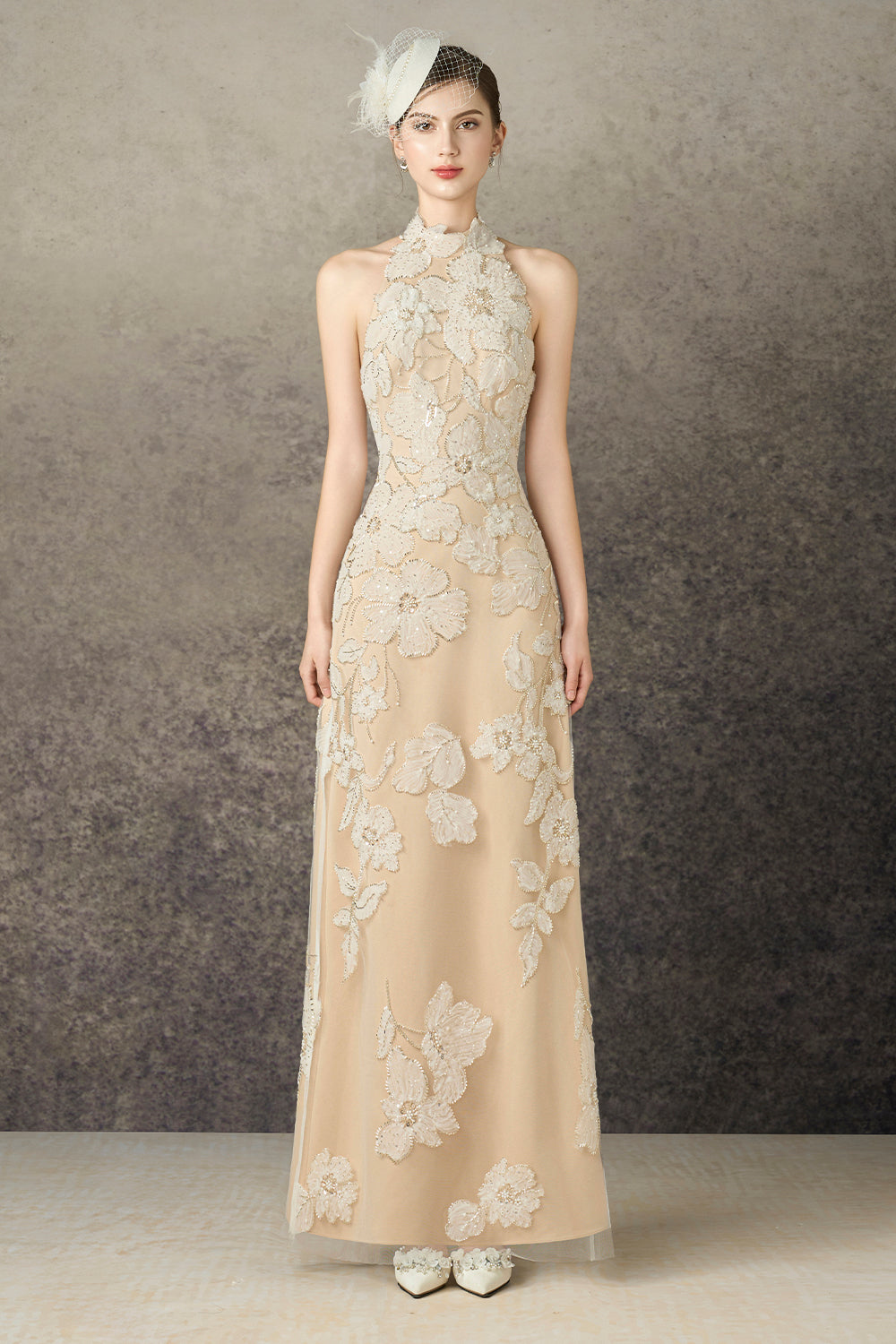 Myrelle Sheath Halter Neck Mesh Lace Maxi Dress