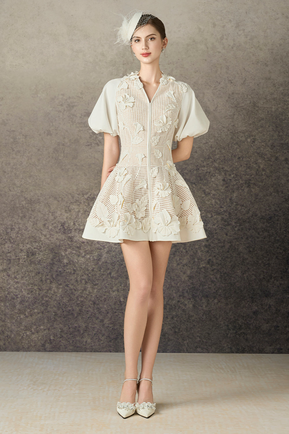 Caedia A-line Puffy Sleeved Mesh Lace Mini Dress